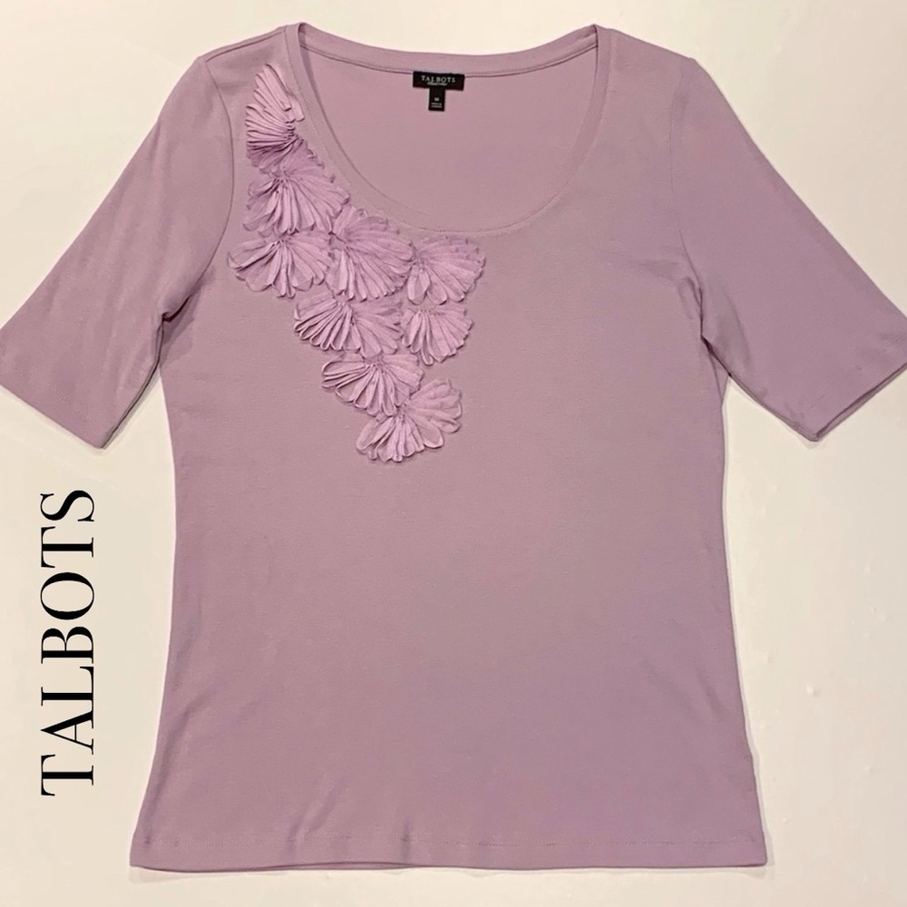 TALBOTS Lilac Ribbon Detail Scoop Neck Elbow-Length Short Sleeve Tee Siz…